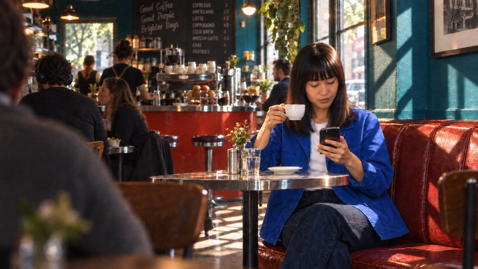 A customer views the bag on her phone in a café.