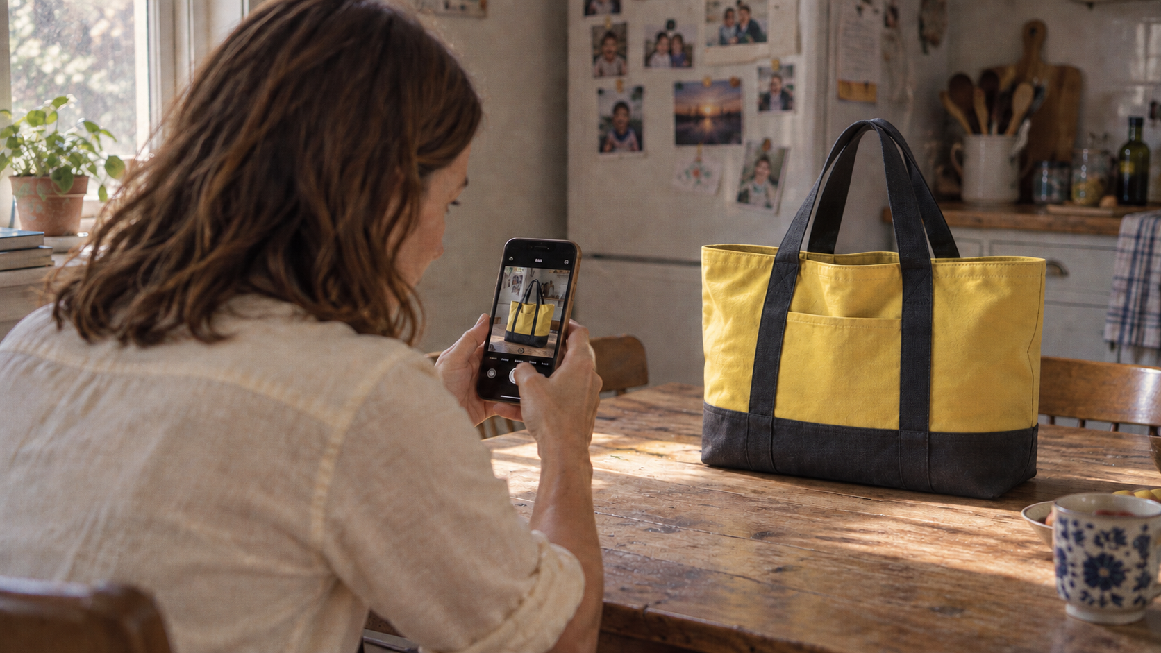 Earlier: she photographs the finished yellow bag at her kitchen table.