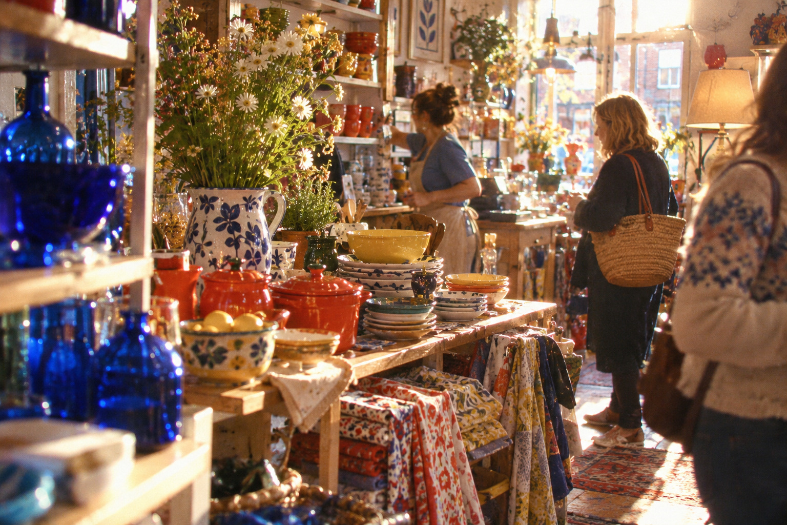 An owner serves a customer among colourful homeware while another shopper browses.