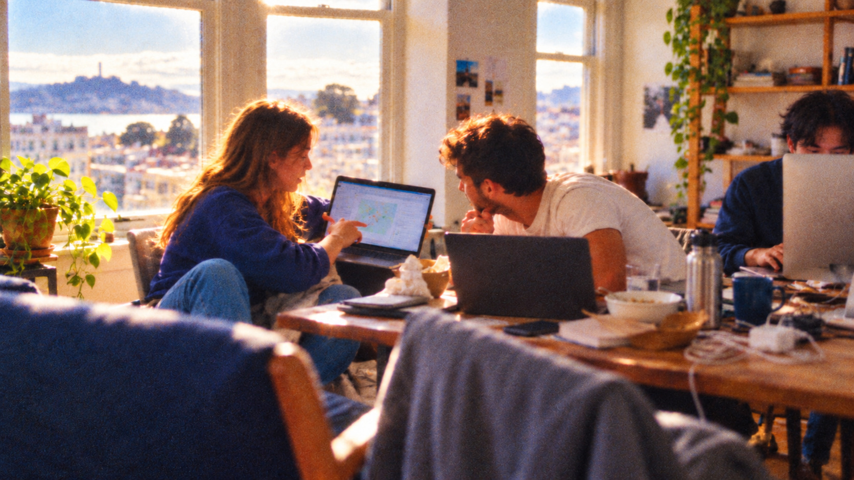 Young San Francisco startup founders discuss their product in an informal workspace.